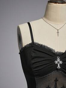 ROMWE EDITION Bộ đồ liền thân thêu ren chắp vá Gothic Cross Pendant Romantic dành cho nữ - màu đen - Xem 3