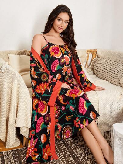 Serenescape 女士撞色花卉抽象印花系带睡袍和吊带长睡裙两件套睡衣，适合度假季、秋冬季穿着