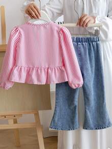 SHEIN 年轻女孩粉色条纹蝴蝶结衬衫和喇叭腿牛仔裤套装 - 粉色 - 查看 2