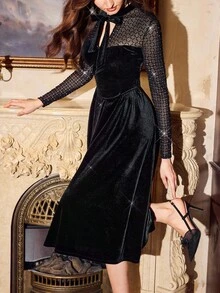 Vintamour Váy nữ cổ điển thanh lịch có túi, nơ đính đá lấp lánh, váy đen ngày lễ, váy thanh lịch cho nữ, váy thanh lịch cho tiệc tùng, váy dự tiệc thanh lịch cho nữ, quần áo mùa đông - màu đen - Xem 7