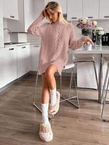 EURMUSE Cable Pattern Mock Neck Raglan Sleeves Mini Sweater Dress - Pink - View 4