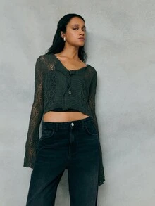 SHEIN Unity Dark Green,Autumn,Chic,Everyday Women's Open-Knit Cropped Cardigan,Vintage Relaxed Fit Button-Up Lightweight Topper,Modern Classic Knitwear For Women - Grey - View 5
