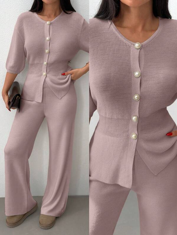 EURMUSE Women Solid Color Front Button Rib Knit Cardigan & Sweater Pants Set