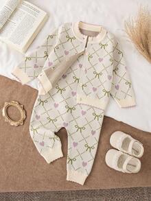 2pcs Baby Girls Cardigan Sweater & Pants Set,Cute Beige Fashion Bow Jacquard Knitted Outfit,Autumn Family Matching,Suitable For Winter Casual Wear - Multicolor - View 1