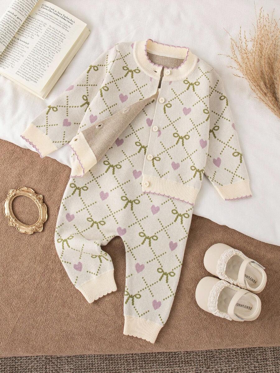 2pcs Baby Girls Cardigan Sweater & Pants Set,Cute Beige Fashion Bow Jacquard Knitted Outfit,Autumn Family Matching,Suitable For Winter Casual Wear - Multicolor - View 1