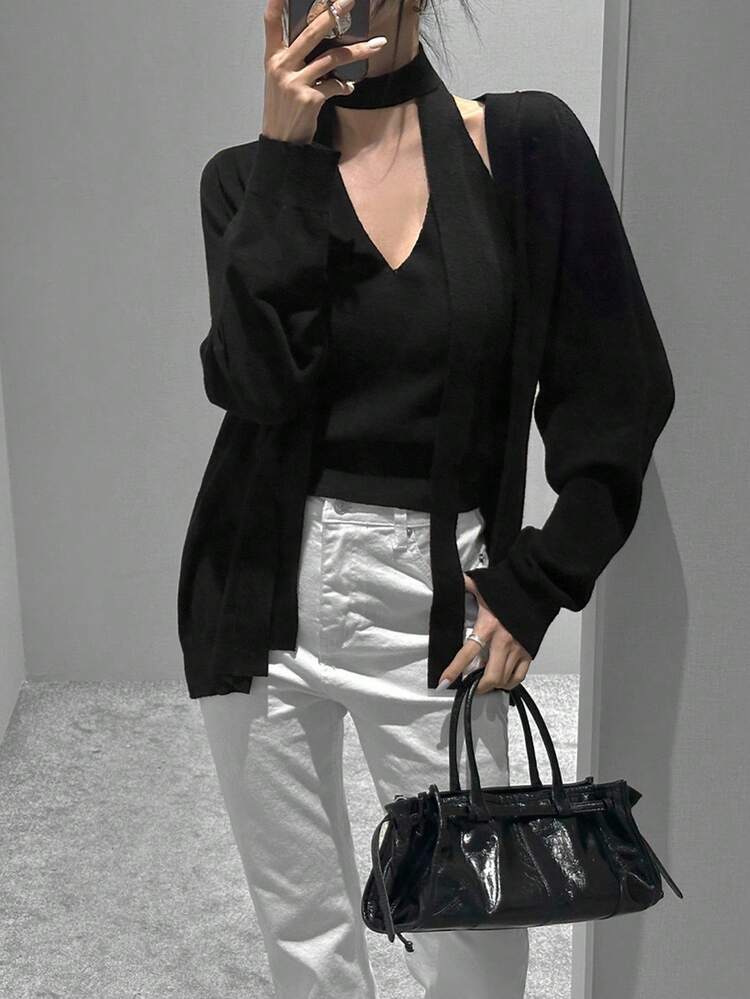 2pcs Women Knitted Cardigan Sweater + Camisole Vest Set, Elegant For Autumn/Winter
