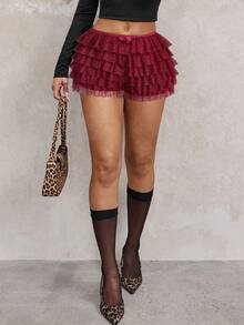 SHEIN SXY Plus Size Women's Fashionable Sexy Street Style Bow Decor Multi-Layer Mesh Ruffle Hem Skort, Spring/Summer Burgundy Shorts Ruffled Shorts Frilly Shorts Tassel Shorts