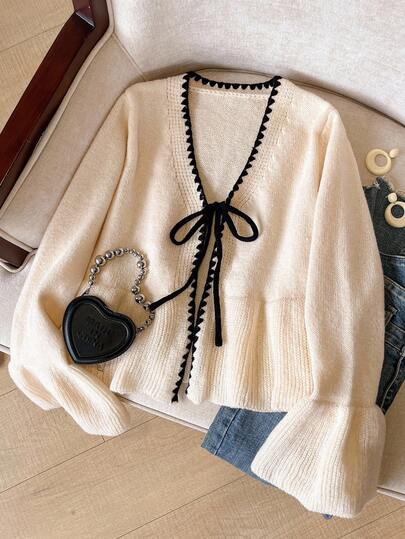 SHEIN Frenchy Dam Fransk casual höst vinter höst broderad kontrastfärgad kant knytband fram volang nederkant och manschetter långärmad casual stickad kofta, höst/vinter, lämplig för daglig pendling