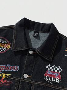 ROMWE MEN Prep 男士休闲字母图案纽扣牛仔夹克，秋季 - 黑色 - 查看 3