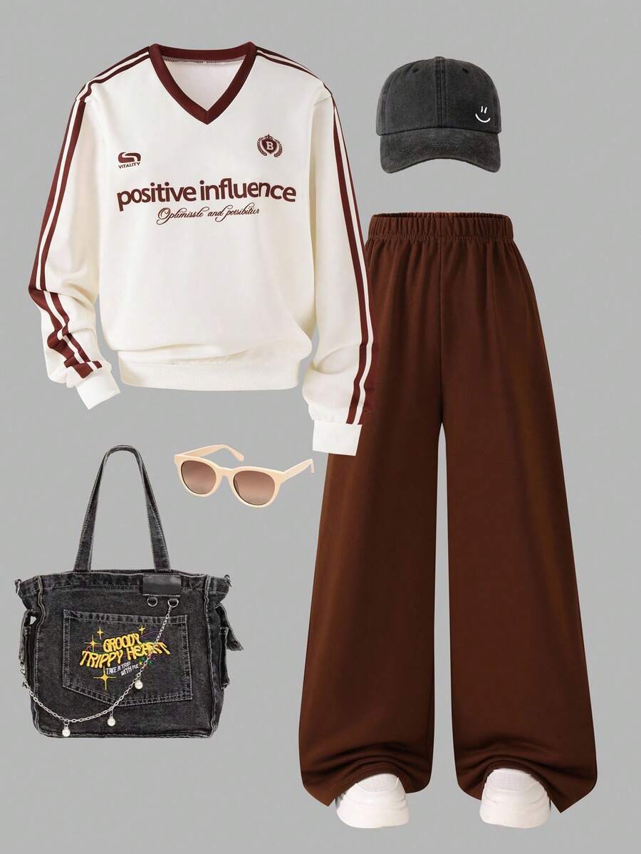 2pcs/Set Casual Teen Girl V-Neck Dropped Shoulder Short Sleeve & Wide Leg Pants, Numeric Pattern - Brown - View 1
