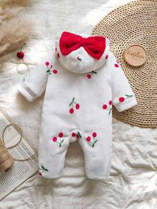 SHEIN Vintaside Kids 新生儿简约时尚可爱樱桃圆点长袖连帽羊毛连体睡衣 - 白色 - 查看 2