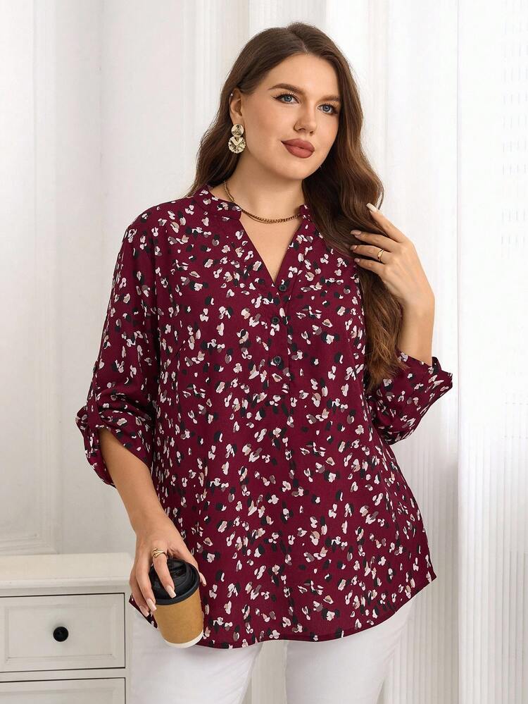 Plus Size Women Fall Elegant Casual Wine Red Allover Print Notch Neck Long Sleeve Casual Blouse Top ,Autumn/Winter, Going Out, 2025 New ,Simple And Fashionable For Everyday Wear, Christmas For Women ,New Year