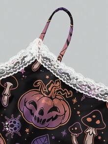 Shutterstock Glamance Halloween Sexy Pumpkin, Ghost, Bat, Spider Web Cute Print Lace Camisole And Ruched Shorts 2 Pieces Set, Suitable For Halloween, Party, Intimate Apparel