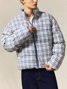 ROMWE MEN Street Life 男士休闲格子拉链宽松冬季夹克 - 彩色 - 查看 5