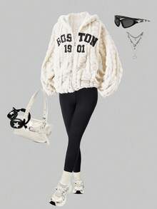 SHEIN ChillGRL 2 件青少年女孩复古蓬松连帽衫和紧身裤套装，适合日常穿着的休闲装，秋冬 - 米色 - 查看 3