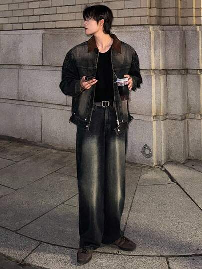 DAZY 男士黑色牛仔夹克，撞色领口，秋季，Emo 风格