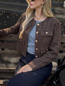 Elyressa Women's Elegant Cropped Tweed Jacket For Commuting - Coffee Brown - View 6
