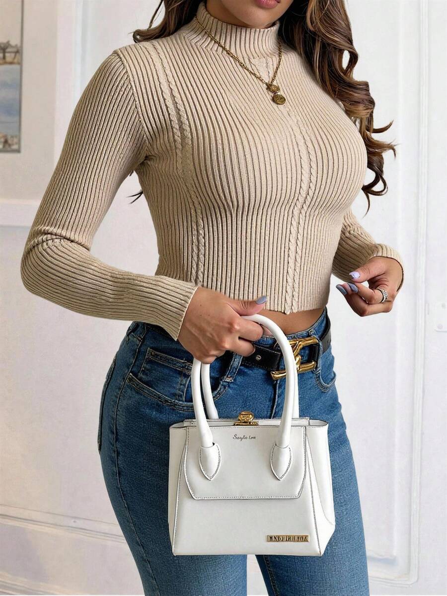 Xyvia Mock Neck Cable Knit Crop Jumper - Apricot - View 1