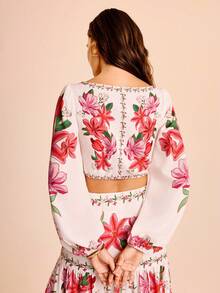 CAJUNI Women's Vacation Colorful Floral V-Neck Front Drawstring Long Sleeve Cropped Print Shirt Blouse - Multicolor - View 2