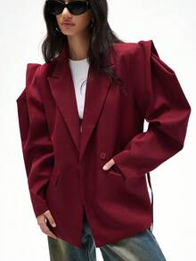 Aveloria GENKIRA Wine Red Loose Casual Commuter Versatile Extra Wide Shoulder Silhouette Cinched Waist Decor Solid Color Blazer - Burgundy - View 4