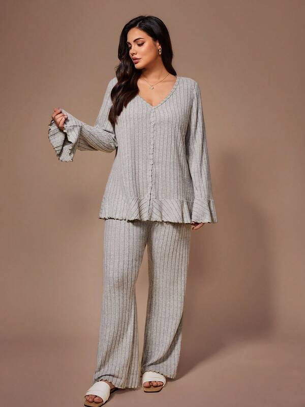 Lazeform Conjunto de pijama de pantalón y top de manga larga acanalado cómodo y casual, ropa de otoño e invierno, atuendo acogedor en talla grande