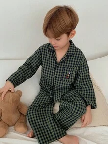 2件套男童格子长袖单排扣口袋衬衫和裤子睡衣套装 - 綠色 - 查看 4