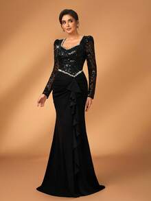 Serin Elegante y lujoso vestido de sirena con apliques florales de cuentas y lentejuelas, adecuado para bodas, fiestas, vacaciones, galas, despedidas de soltera, vestido de noche para la madre de la novia, Día de San Valentín - Negro - Ver 8