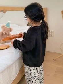 DAZY 2件套女童抓绒圆领卫衣和裤子家居服，冬季 - 黑色 - 查看 5