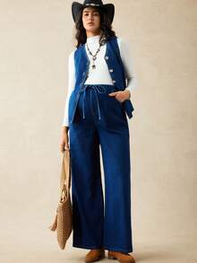 SHEIN Maternity Fall Autumn Winter Halloween Christmas Y2k Cute Streetwear Business Casual Woman Country Vintage Modest Old Money Business Casual Woman Work Clothes V-Neck Single-Breasted Vest And Wide-Leg Jeans 2 Pieces Casual Set Women's Denim Sleeveless Vest And Wide-Leg Pants Set For Casual Chic Style Stylish Loose-Fit Dark Blue Denim Outfit With Button-Up Vest For Everyday Wear - Blue - View 6