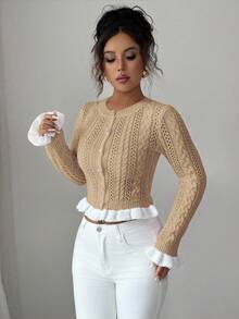 Elenzga Áo khoác cardigan ngắn cổ tròn dệt kim ôm sát mới cho nữ mùa thu, thiết kế nút kim loại, dễ thương cho ngày lễ tình nhân, đa năng - Màu be - Xem 5