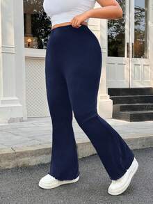SHEIN EZwear 海军蓝加大码女式松紧腰喇叭裤 - 藏蓝色 - 查看 5