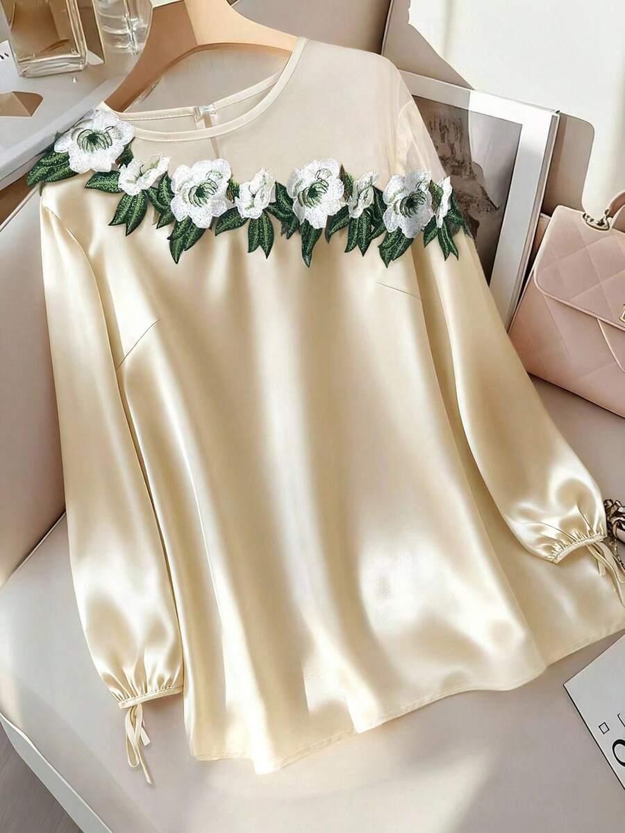 Franclia بلوزة نسائية فضفاضة أنيقة مطرزة بتطريز وقطع الكتف مع قطع شبكي - لون مشمشي - مشاهدة 1