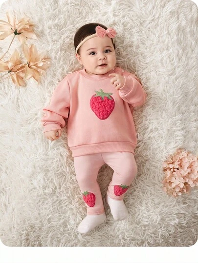 SHEIN Babygirl 可爱百搭粉色卡通刺绣毛绒草莓图案长袖运动衫和松紧腰打底裤套装，秋冬