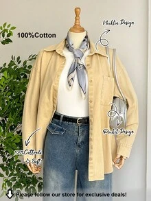 SHEIN LUNE 大码女式优雅休闲秋季宽松度假长袖衬衫，前开襟纽扣设计，可机洗，仿牛仔效果，水洗做旧风格，西部牛仔风，乡村音乐节圣诞节 - 卡其色 - 查看 1