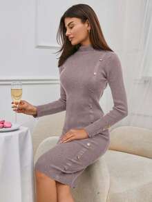 EURMUSE Vestido de suéter con cuello alto y botones delanteros sin cinturón - Rosa vieja - Ver 3