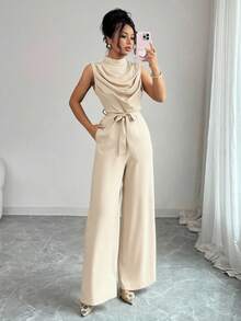 Elenzga Women's Elegant Green Mandarin Collar Ruched Sleeveless Jumpsuit, Fitted Waist, Spring/Summer - Apricot - View 5