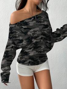 Attitoon Casual Minimalist Street Punk Style Grey-Green Camouflage Allover Print Y2K Women Oblique Shoulder Sweatshirt, Casual & Simple, Suitable For Fall/Winter - Multicolor - View 7