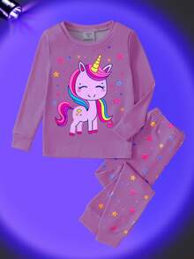 Conjunto de pijama de manga comprida com estampa de unicórnio e estrela para meninas