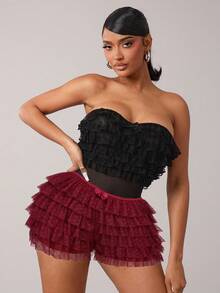 SHEIN SXY Plus Size Women's Fashionable Sexy Street Style Bow Decor Multi-Layer Mesh Ruffle Hem Skort, Spring/Summer Burgundy Shorts Ruffled Shorts Frilly Shorts Tassel Shorts