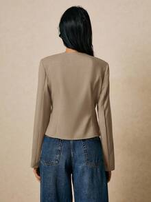 Poéselle 女式纯色长袖单排扣腰系带休闲衬衫 - 淺灰色 - 查看 7