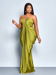 SOLERSUN 大码女式秋冬时尚通勤日常金属装饰褶皱抹胸紧身长裙，无肩带无袖茧型裹身褶皱草绿色针织面料性感，毕业礼服，派对礼服，婚礼宾客礼服，舞会礼服，女士奢华晚礼服，闪亮礼服，万圣节，圣诞节，新年， - 綠色 - 查看 6