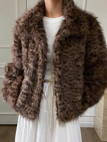 Livesso 女士仿毛皮休闲商务外套，宽松版型，时尚百搭，适合办公室穿着，棕色，秋冬女式外套 - 棕色 - 查看 2