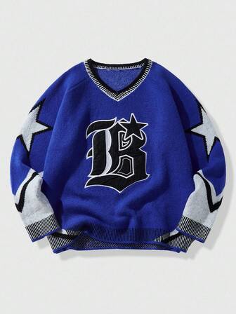 Street Life Men's V-Neck Baseball Sporty Embroidered Knit Sweater, Retro Street Style, Fall/Winter