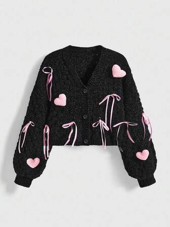Kawaii Cardigan tricoté à contraste de couleurs avec cœur et nœud mignon