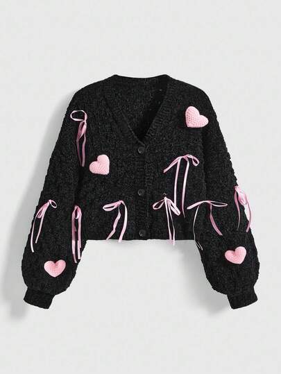 Kawaii Cute Heart & Bow Contrast Color Knitted Cardigan