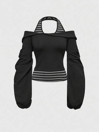 Grunge Punk 1pc Women's Off Shoulder Black & Gray Striped Halter Top