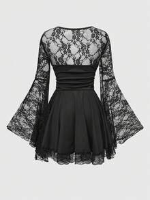 ROMWE Váy chữ A cổ vuông tay loe phối ren chéo Gothic dành cho nữ dịp Giáng sinh - màu đen - Xem 2