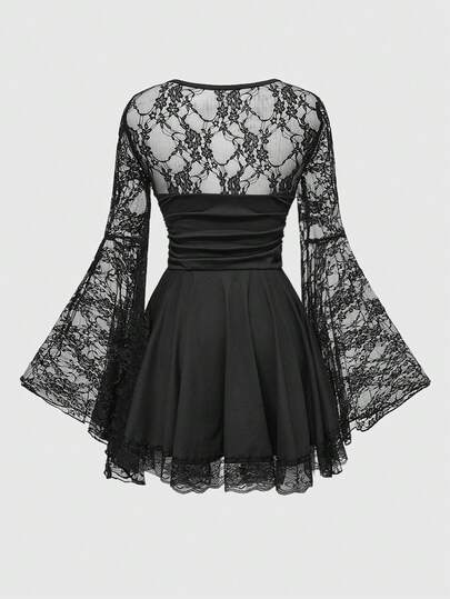 Goth Gothic Cross Lace Patchwork Square Neck Flare Sleeve A-Line Christmas Dress For Women
