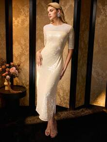 MOTF PREMIUM FAUX PEARL CONTRAST SEQUINS SLIM FIT DRESS - Apricot - View 4