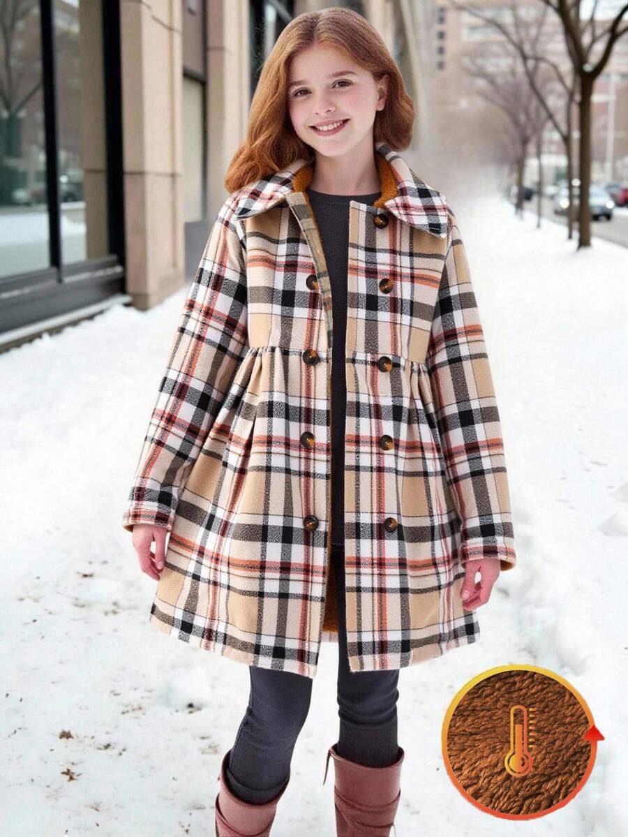 SHEIN Elladie kids 年轻女孩秋季休闲复古学院风图案双排扣开衫保暖外套 - 卡其色 - 查看 1